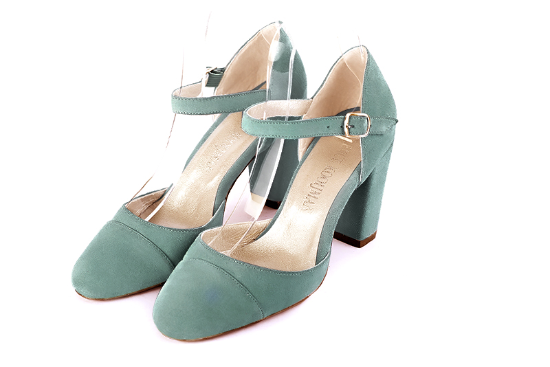 Mint green women's open side shoes, with an instep strap. Round toe. High block heels. Front view - Florence KOOIJMAN